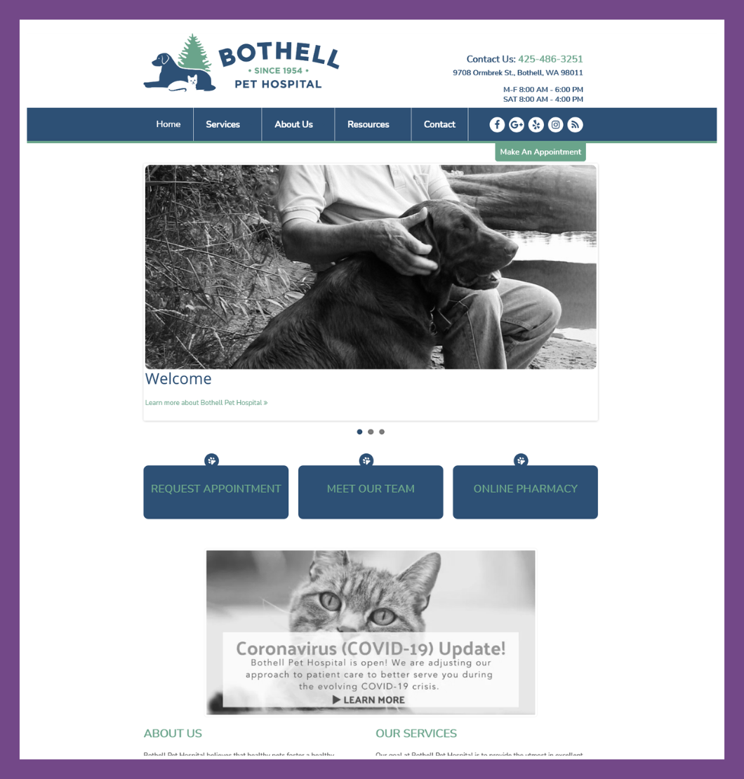 Bothell Pet Hospital > Website BEFORE working with Hummingbird Marketing Services