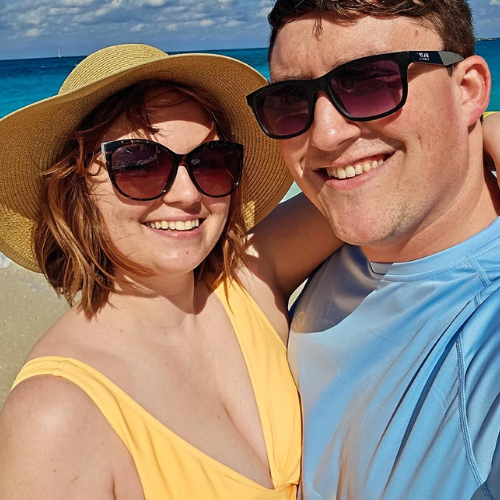 Hubby and I at the beach on vacation at Nassau, Bahamas.
