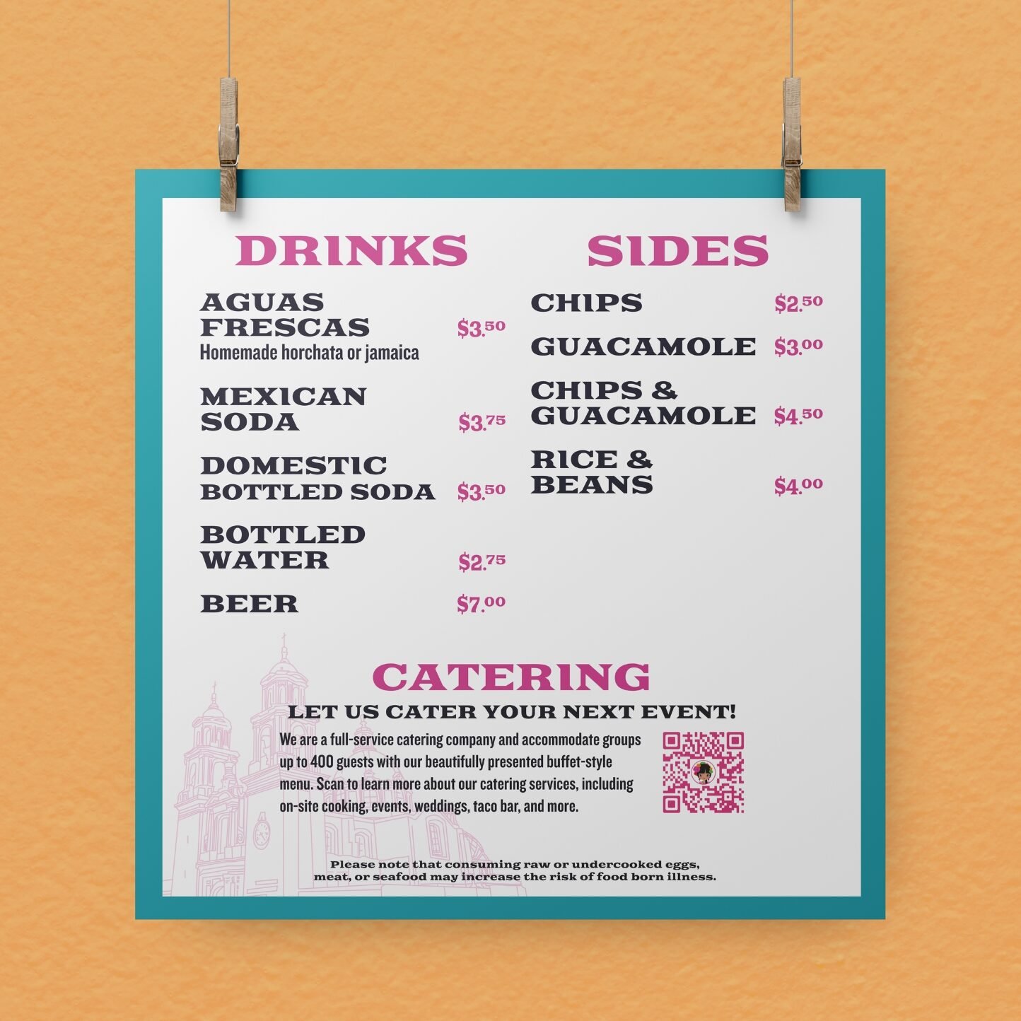 Taqueria Puebla Hanging Menu: Drinks & Sides, designed by Hummingbird Marketing Services