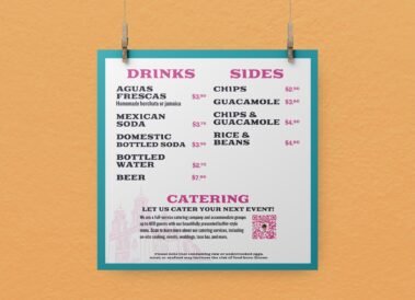 Taqueria Puebla Hanging Menu: Drinks & Sides, designed by Hummingbird Marketing Services