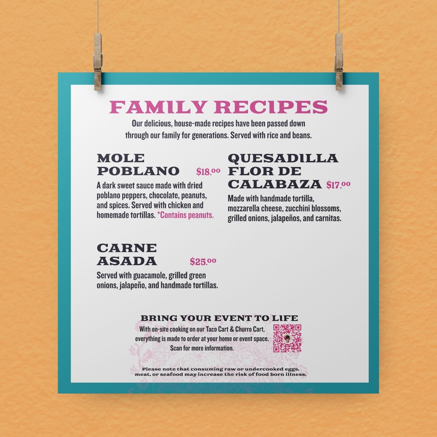 Taqueria Puebla Hanging Menu: Family Recipes, designed by Hummingbird Marketing Services