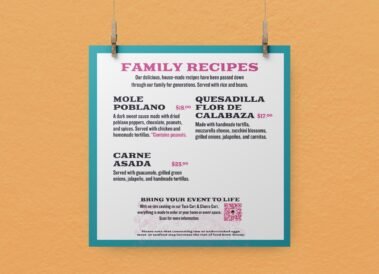 Taqueria Puebla Hanging Menu: Family Recipes, designed by Hummingbird Marketing Services