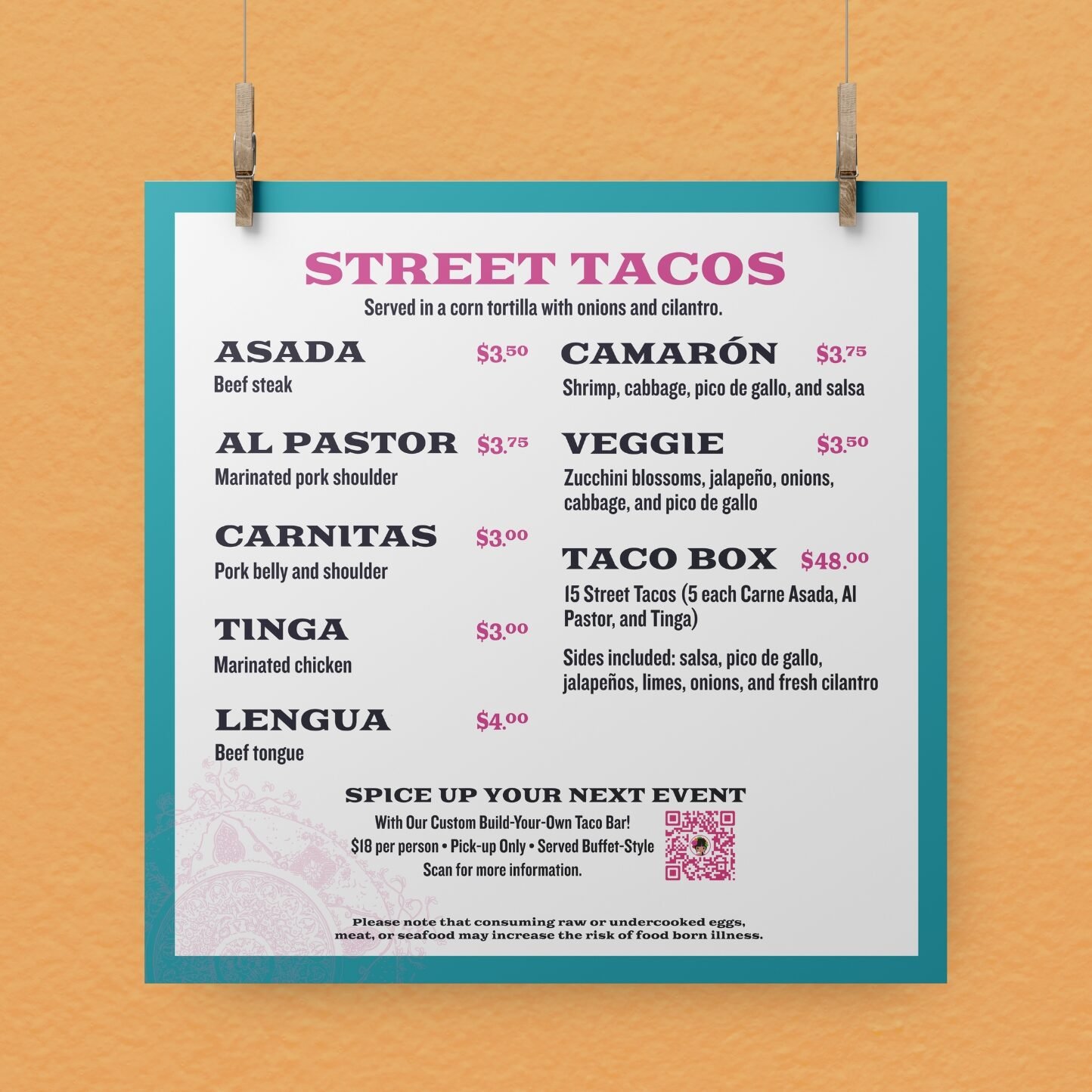 Taqueria Puebla Hanging Menu: Street Tacos, designed by Hummingbird Marketing Services