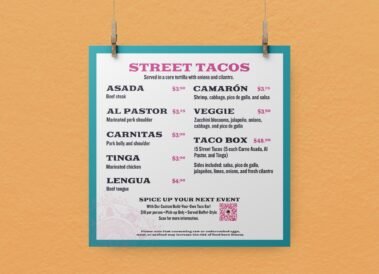 Taqueria Puebla Hanging Menu: Street Tacos, designed by Hummingbird Marketing Services