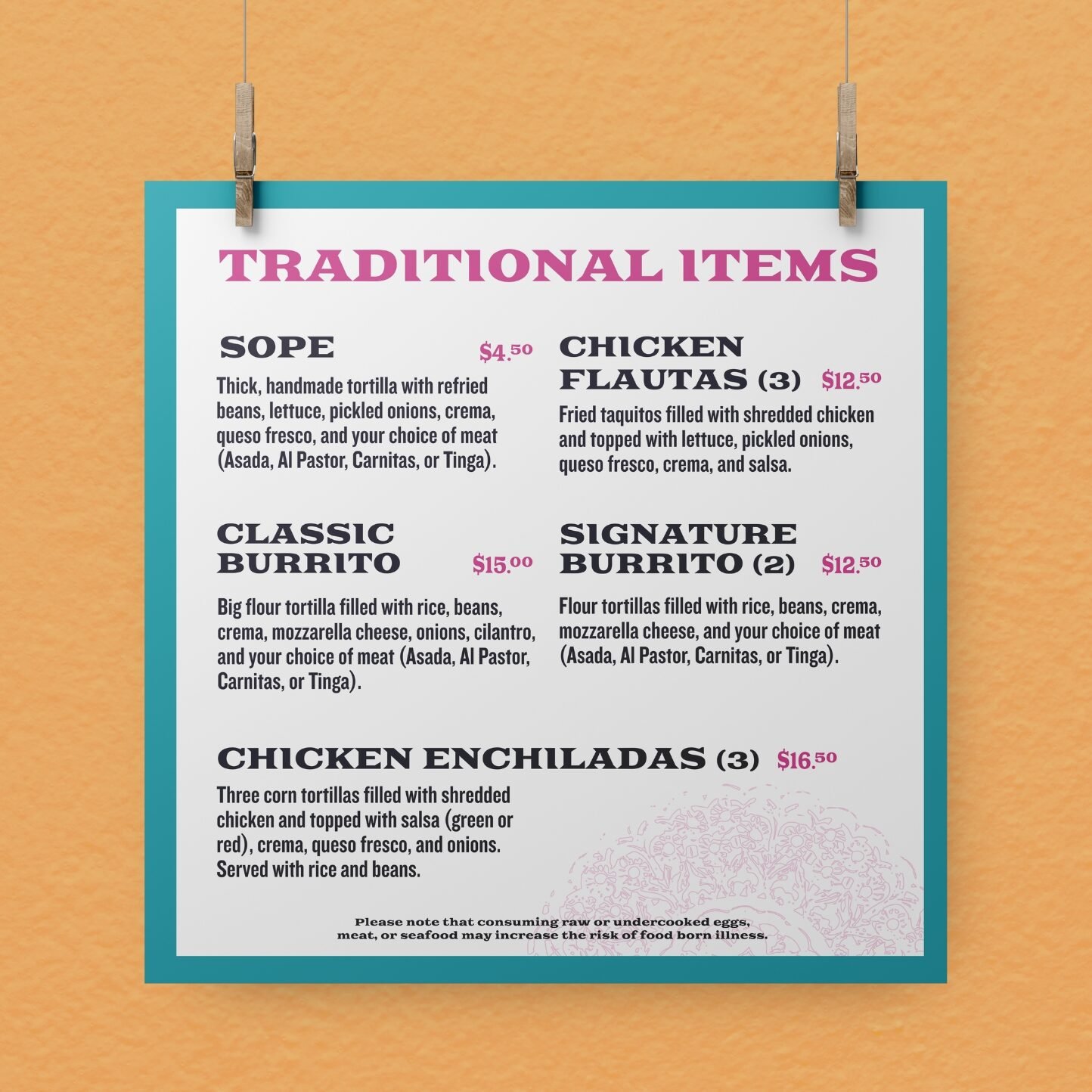 Taqueria Puebla Hanging Menu: Traditional Items, designed by Hummingbird Marketing Services