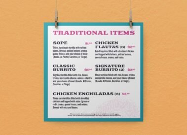 Taqueria Puebla Hanging Menu: Traditional Items, designed by Hummingbird Marketing Services