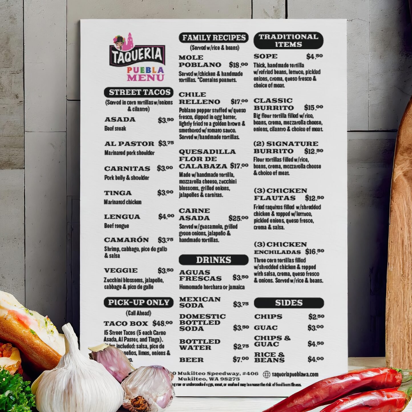 Taqueria Puebla In-Store Menu, designed by Hummingbird Marketing Services