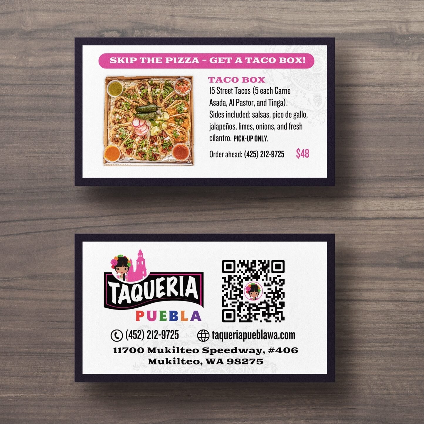 Taqueria Puebla Taco Box Card, designed by Hummingbird Marketing Services