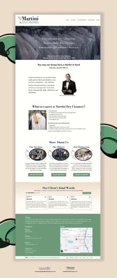 The Home page of Martini Dry Cleaners, designed by Hummingbird Marketing Services