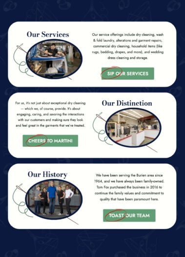Clever Calls to Action on the Martini Dry Cleaners Website, Designed by Hummingbird Marketing Services