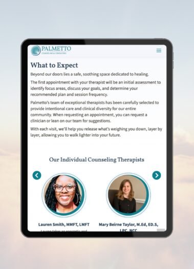 Elements of the Palmetto Counseling Therapy Website Design by Hummingbird Marketing Services
