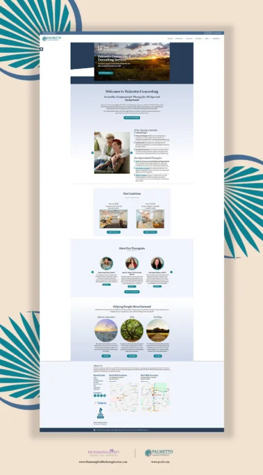 Bird's Eye View of the Palmetto Counseling Home Page, striking therapy website designed by Hummingbird Marketing Services in Seattle