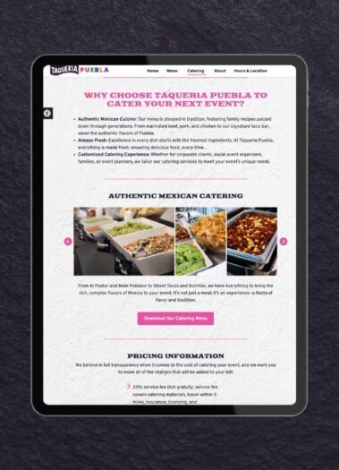 Taqueria Puebla's website has a dedicated section that highlights their full catering services.