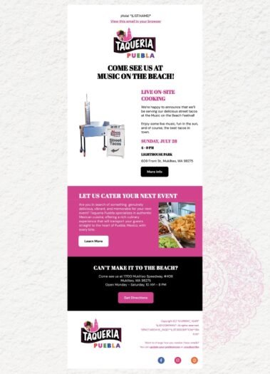 Newsletter template in Mailchimp created for Taqueria Puebla by Hummingbird Marketing Services