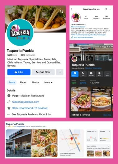 Our digital presence audit for Taqueria Puebla included scrubbing Instagram, Yelp, Google Business, Apple Business Connect and more for consistency.