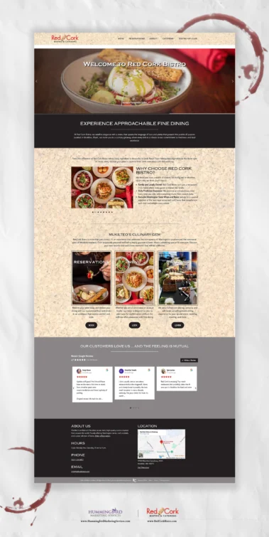 Bird's Eye View of the Red Cork Bistro Home Page, stunning restaurant website design by Hummingbird Marketing Services in Seattle