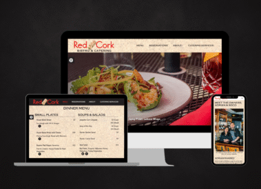 Red Cork Bistro Restaurant Website Shown on Desktop, Tablet, and Mobile, responsive design by Hummingbird Marketing Services in Seattle