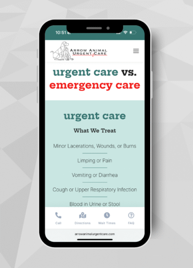 Views of the Arrow Animal Urgent Care Vet Website, designed by Hummingbird Marketing Services in Seattle