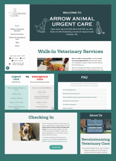 Views of the Arrow Animal Urgent Care Vet Website, designed by Hummingbird Marketing Services in Seattle