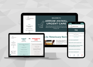Arrow Animal Urgent Care Website Shown on Desktop, Tablet, and Mobile, vet website designed by Hummingbird Marketing Services in Seattle