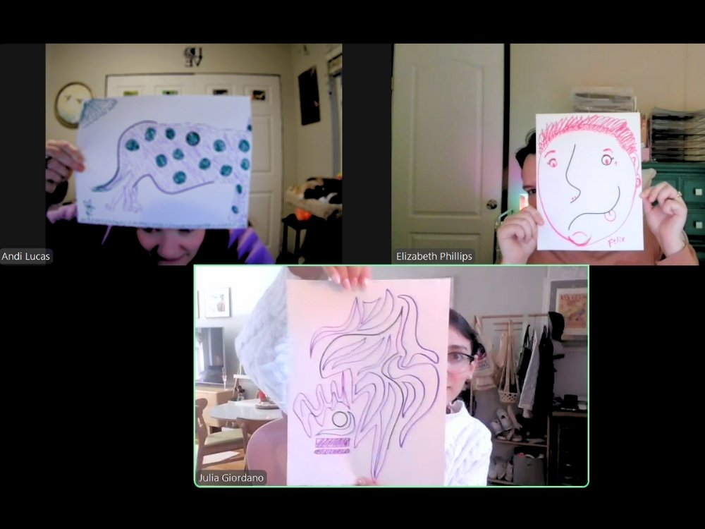 The Hummingbird Marketing Services team shows off their artwork on a group video call during their digital retreat.