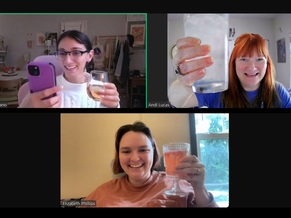 The Hummingbird Marketing Services team celebrates with a digital happy hour at the end of their digital retreat.