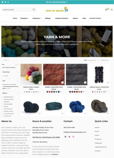 Views of the Sew to Speak Yarn Store Website, designed by Hummingbird Marketing Services in Seattle