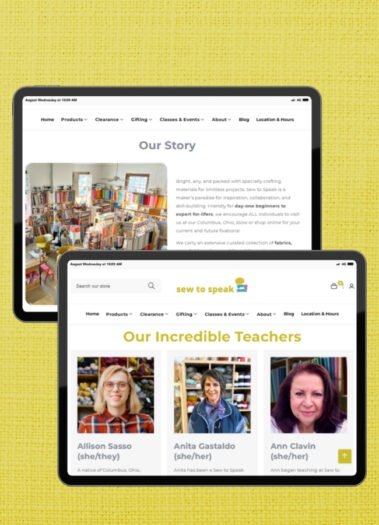 Views of the Sew to Speak Craft Store Website, designed by Hummingbird Marketing Services in Seattle