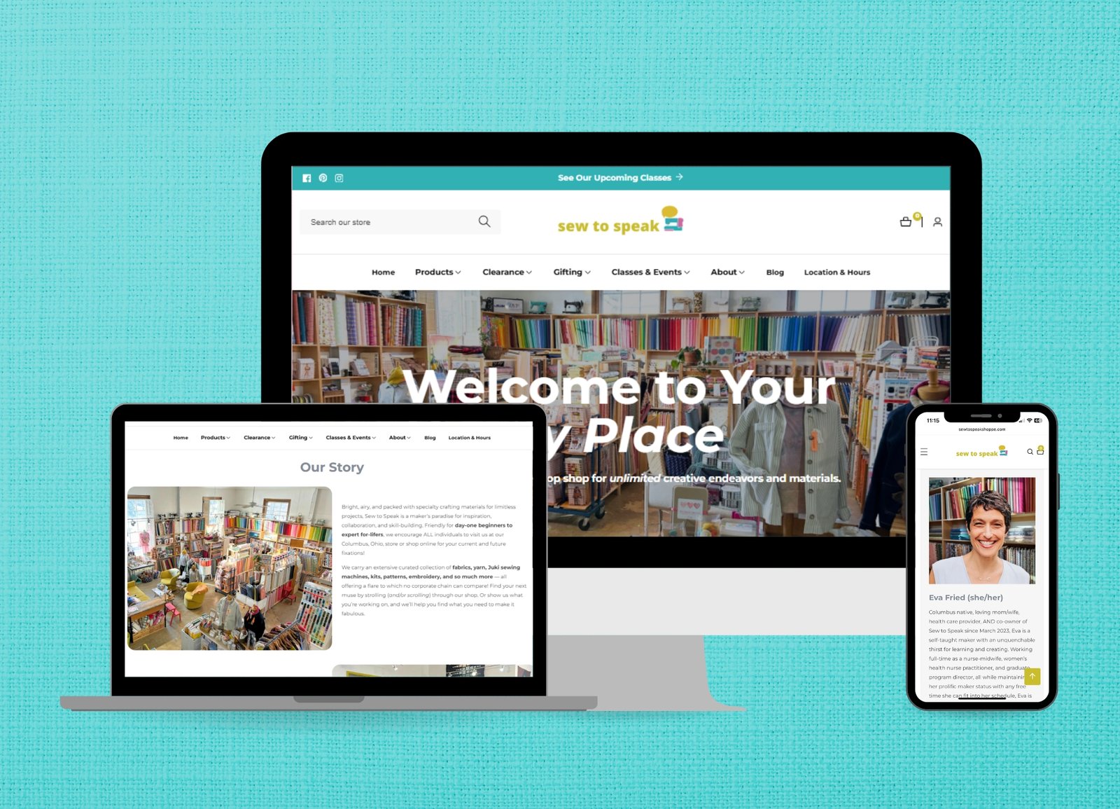 Sew to Speak Website Shown on Desktop, Tablet, and Mobile, craft store website designed by Hummingbird Marketing Services in Seattle