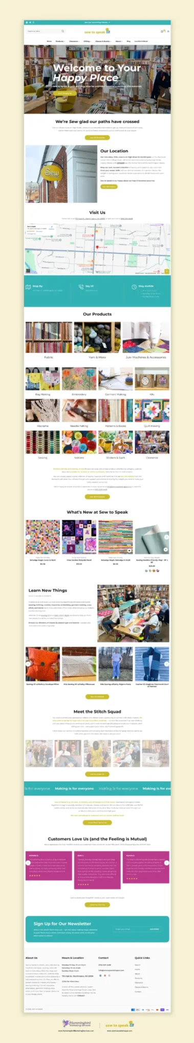 Bird's Eye View of the Sew to Speak Home page, stunning fabric store website design by Hummingbird Marketing Services in Seattle