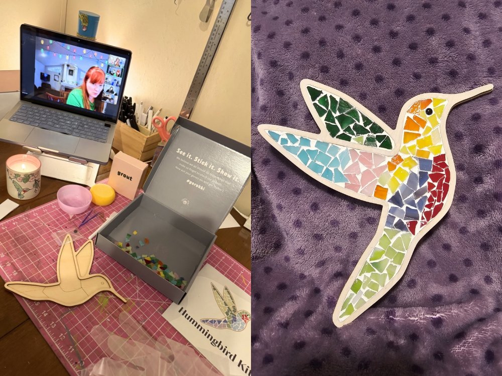 An example of a virtual team bonding idea. A desktop has a hummingbird mosaic-making kit on it and a laptop open to a Zoom meeting.