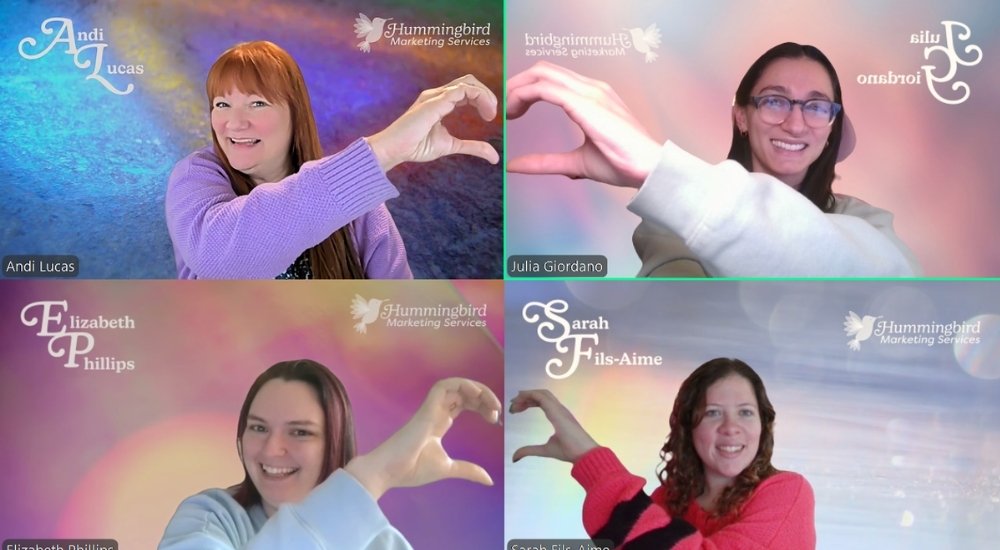 Andi Lucas, the CEO of Hummingbird Marketing Services, and marketing specialists in design, social media, and content writing: Julia Giordano, Elizabeth Phillips, and Sarah Fils-Aime.