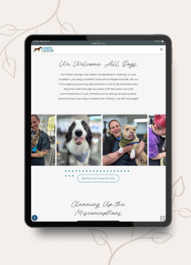 Views of the Hippie Hounds Website, pet spa site designed by Hummingbird Marketing Services in Seattle