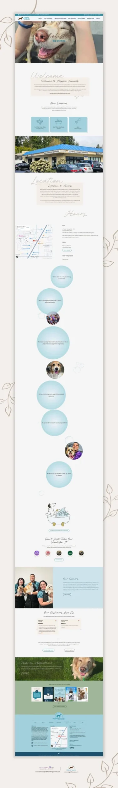 Bird's Eye View of the Hippie Hounds Dog Grooming Home Page, stunning pet grooming website design by Hummingbird Marketing Services in Seattle