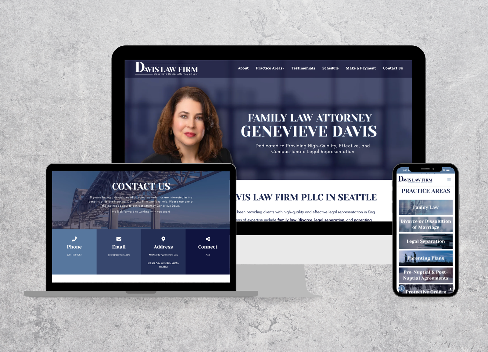 Davis Law Firm Website Shown on Desktop, Tablet, and Mobile, industry website designed by Hummingbird Marketing Services in Seattle