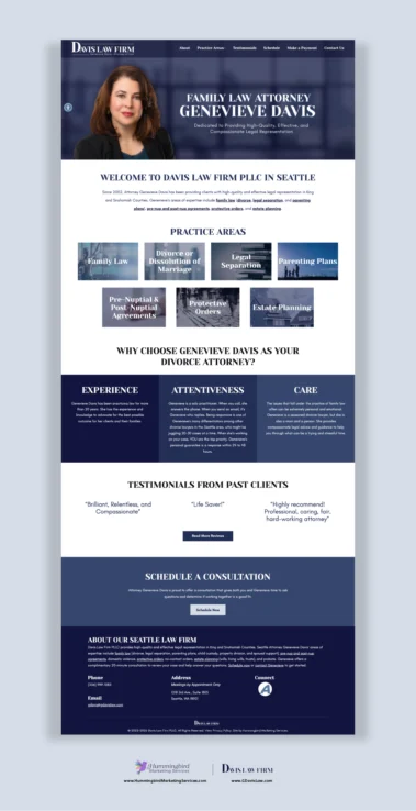 Bird's Eye View of the Davis Law Firm Home Page, stunning Law Firm website design by Hummingbird Marketing Services in Seattle