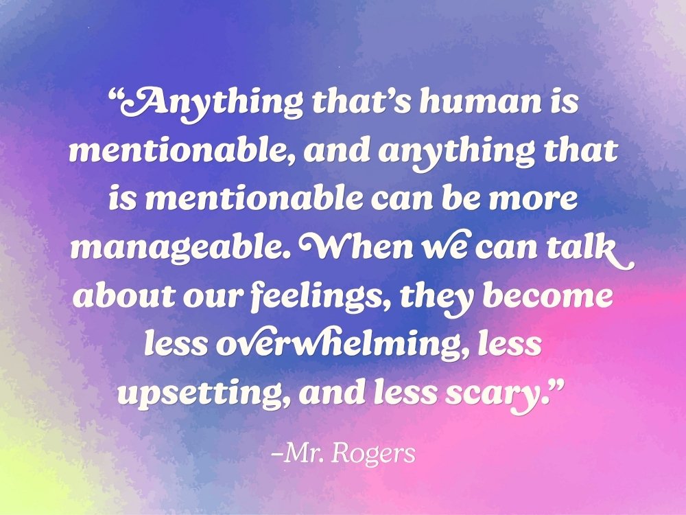 The inspirational quote: “Anything that’s human is mentionable, and anything that is mentionable can be more manageable. When we can talk about our feelings, they become less overwhelming, less upsetting, and less scary" by Mr. Rogers, against a purple and pink gradient watercolor background. From the blog, How to Avoid Burnout, Writer’s Block, and Creative Slumps by Hummingbird Marketing Services.