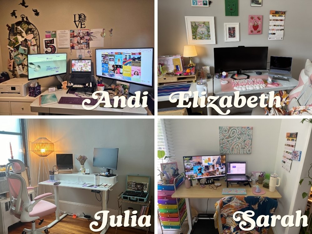 A series of 4 desk set-ups showing colorful keyboards, cute trinkets, art, plants, and more personal touches—each one belonging to a member of the Hummingbird Marketing Services Charm: Andi Lucas, Elizabeth Phillips, Julia Giordano, and Sarah Fils-Aime.