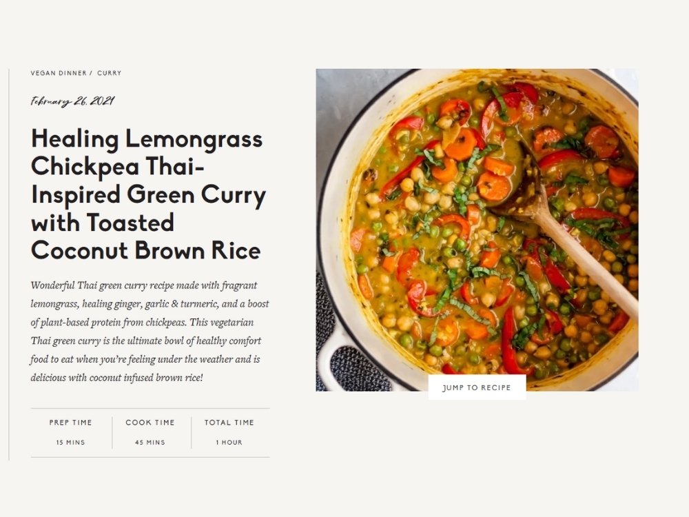Picture of recipe: Healing Lemongrass Chickpea Thai-Inspired Green Curry with Toasted Coconut Brown Rice from the blog, How to Avoid Burnout, Writer’s Block, and Creative Slumps by Hummingbird Marketing Services.