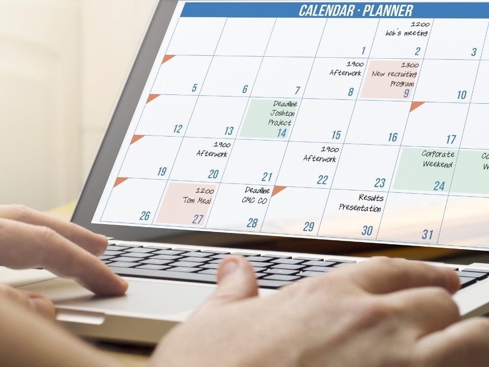 A picture of a calendar with time blocking from the blog, How to Avoid Burnout, Writer’s Block, and Creative Slumps by Hummingbird Marketing Services.