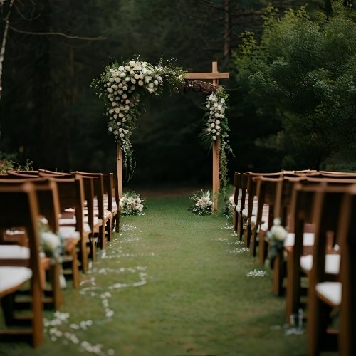 A wedding ceremony set-up with a wooden altar covered in flowers and wooden chairs sectioned with a wide aisle between.