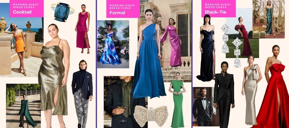 A dress guide from The Knot that shows dress and suit options for cocktail, formal, and black-tie events.
