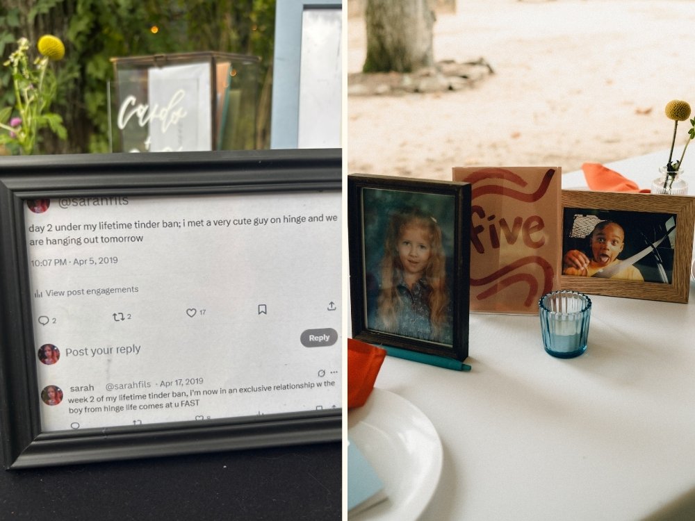Two images of framed photos, one showing a framed tweet, the other showing two framed photos at a dinner table with the table number "5" and the frames holding pictures of the bride and groom at 5 years old.