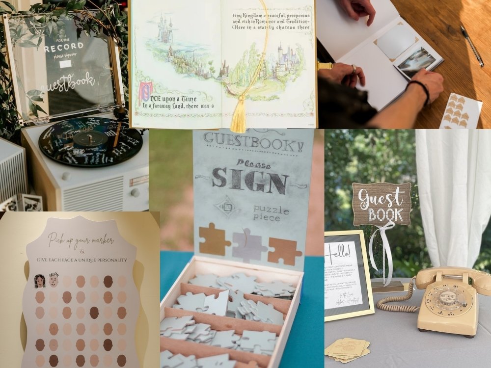 A collage of unique wedding guest book ideas including a signed record, a fairytale storybook, a puzzle, and more.