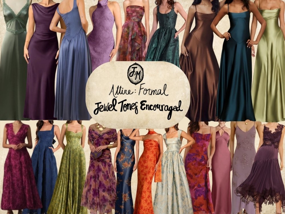 A jewel-tone-based formal attire guide made by Julia Giordano, marketing manager at Hummingbird Marketing Services.