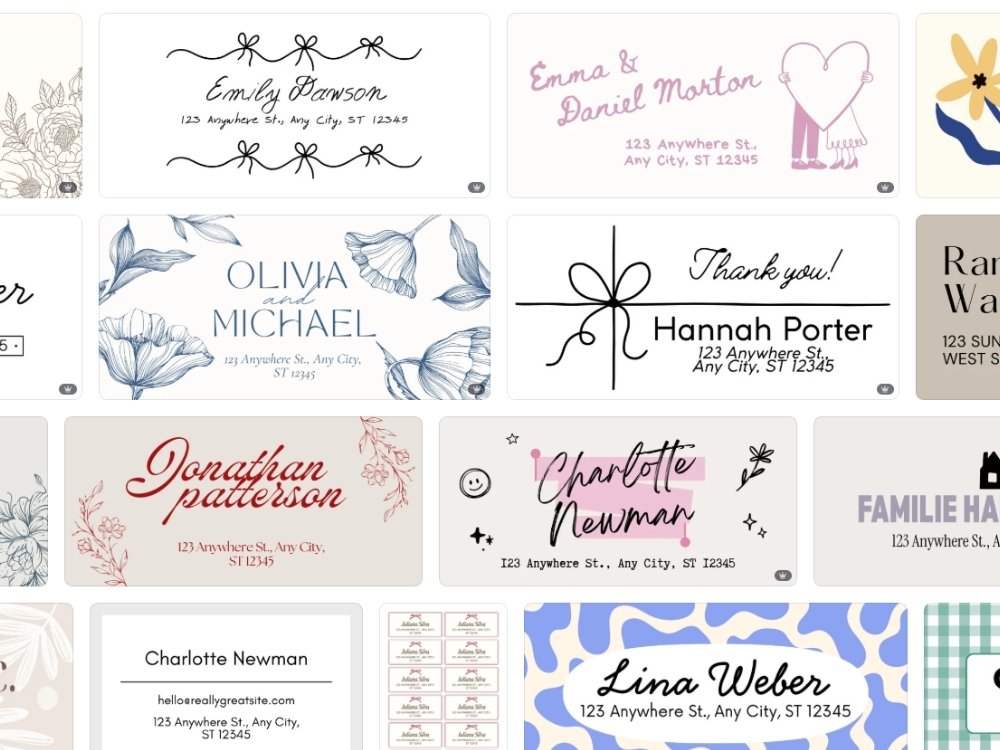 A screenshot of return label templates from Canva that can be customized for wedding planning.