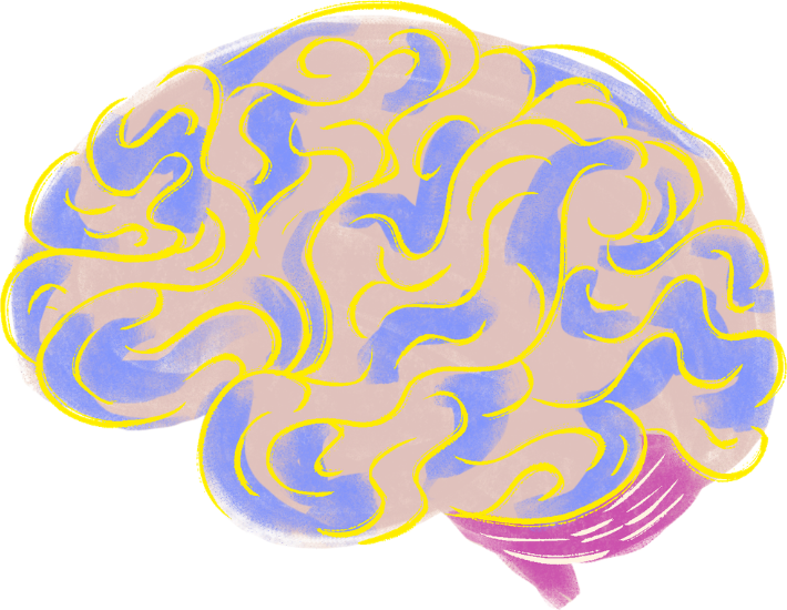 A cartoon drawing of brain with purple, pink, and yellow