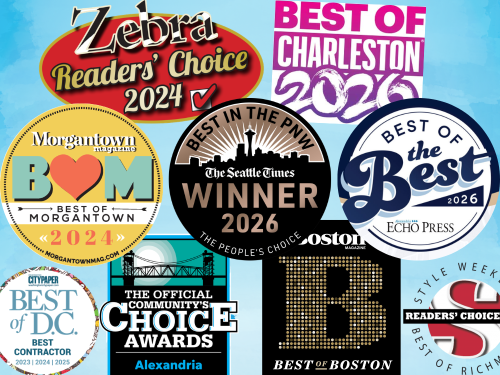 Several different Best Of or People's Choice Awards logos in different cities collaged together, including Best in the PNW, Best of Morgantown, Best of Charleston, Best of Boston, Best of D.C. , and more.