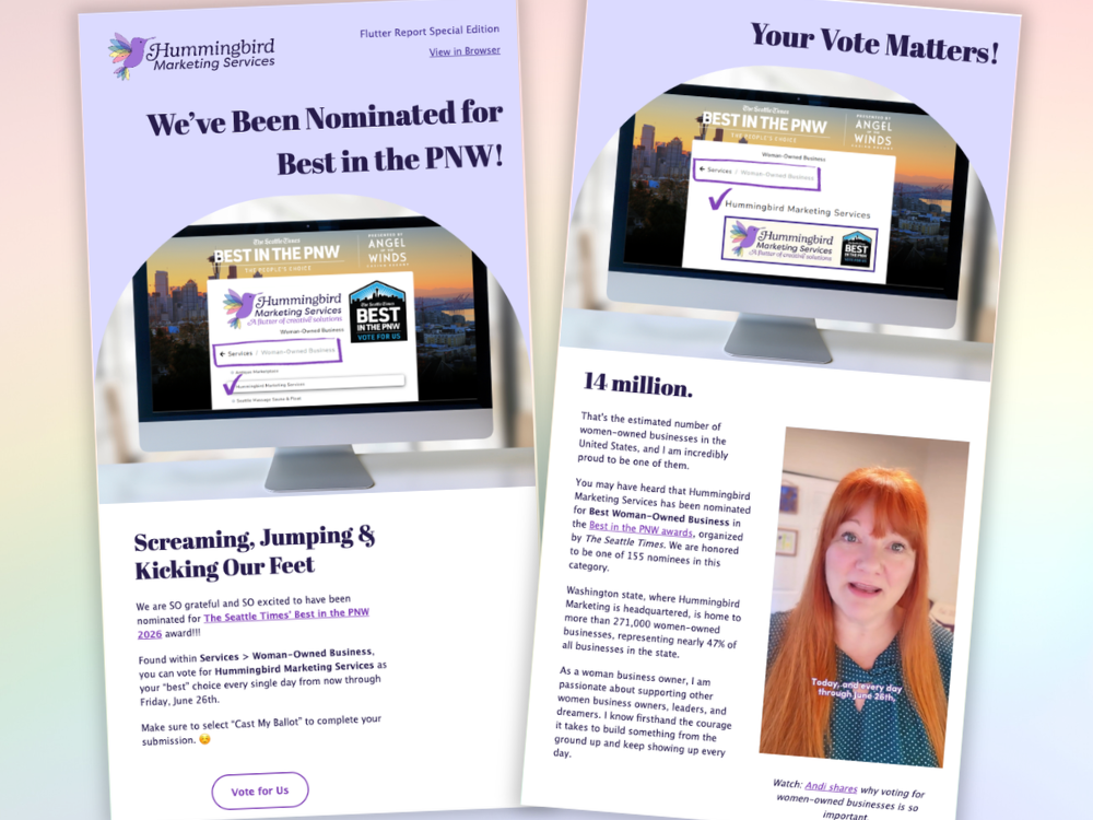 Two screenshots of the marketing newsletters Hummingbird Marketing Services sent to ask for votes in a Best Of program.