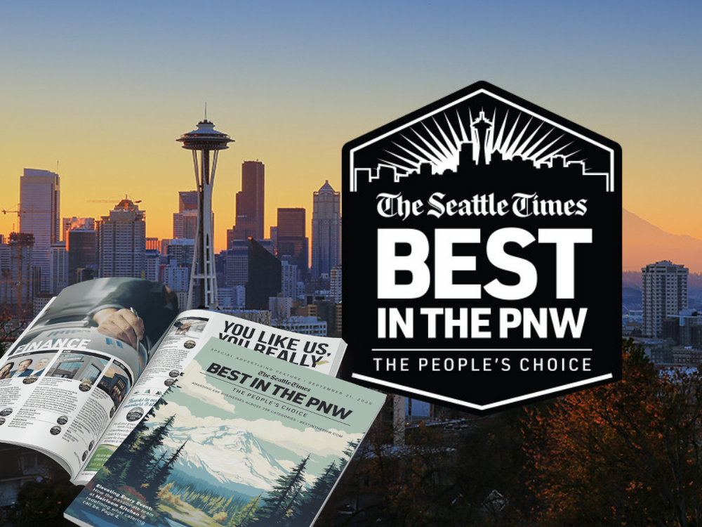 The Seattle skyline at sunset with images of the Best in the PNW logo and the Best in the PNW magazine over the skyline image.